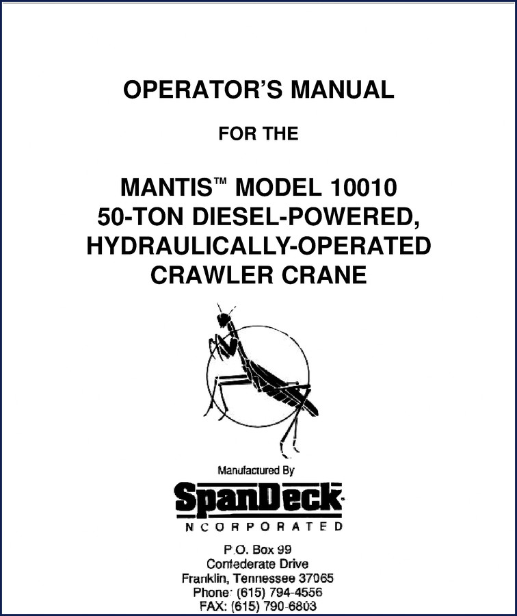 Spandeck 10010 1997 Operators Manual cover showing crane diagram and model designation