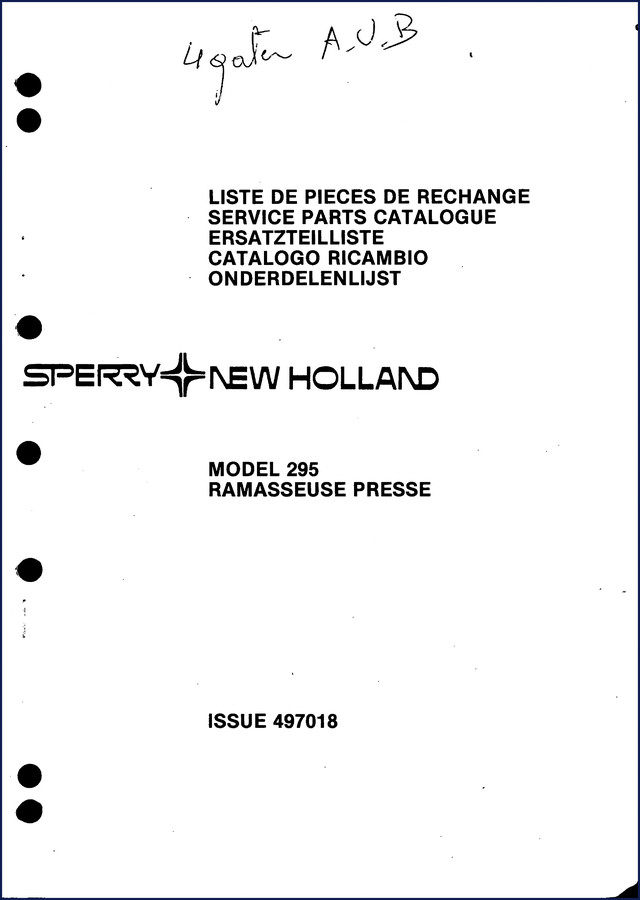 Sperry New Holland 295 Parts Catalog cover page showing model and issue number