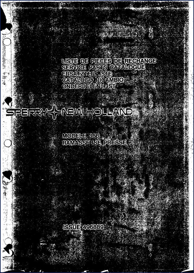 Sperry New Holland 366 Parts Catalog cover page showing baler model and OEM issue number 496889