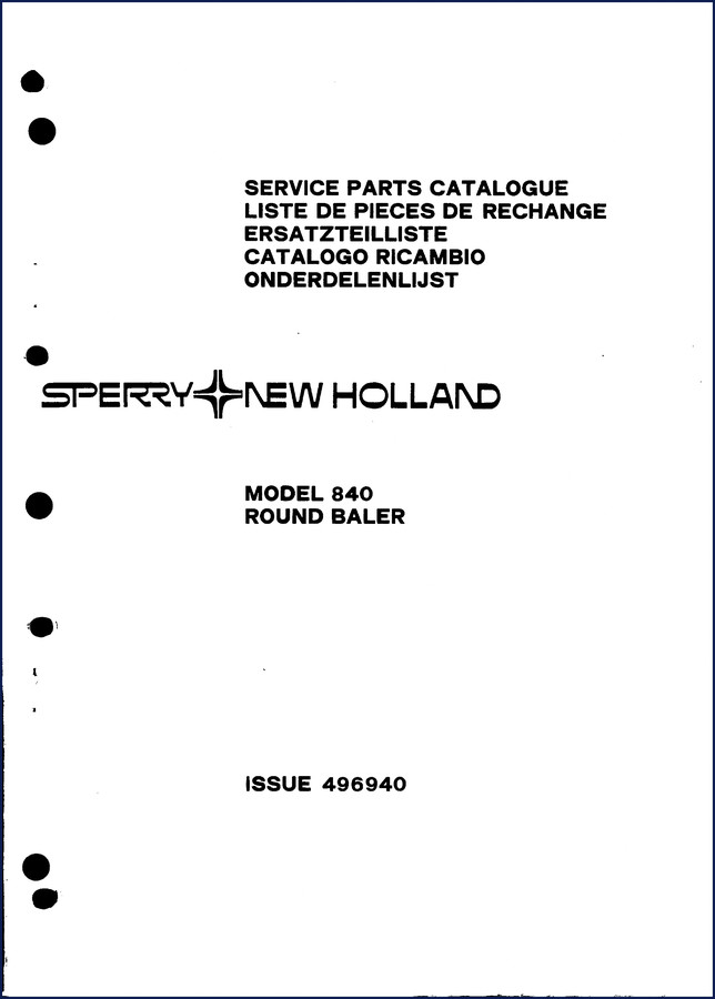 Sperry New Holland 840 Round Baler Parts Catalog - 90 page factory OEM document showing exploded parts views and part numbers