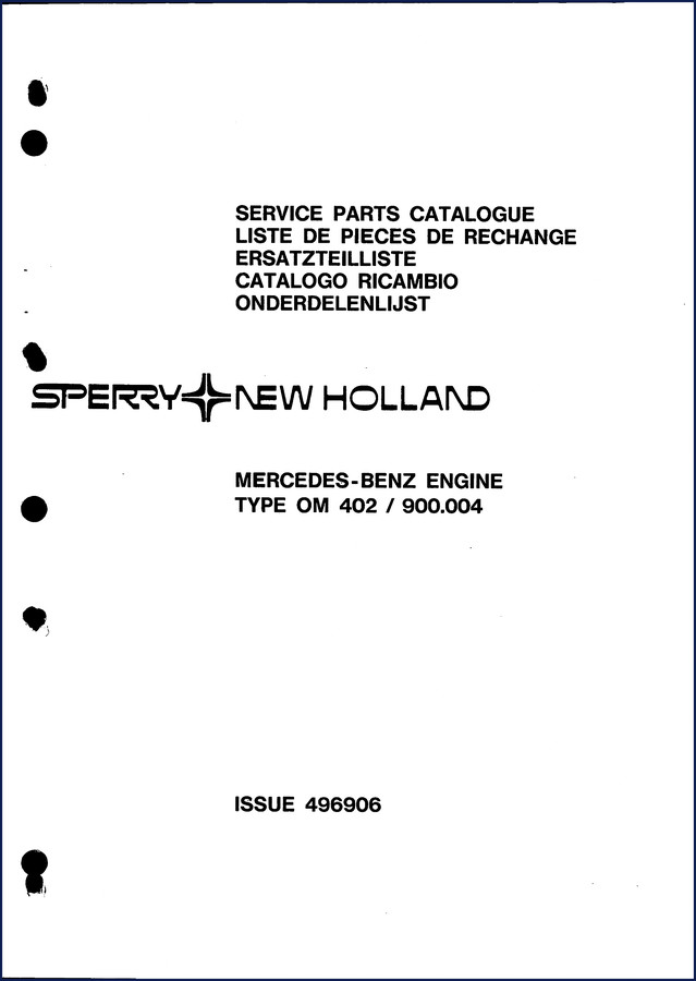1976 Sperry New Holland OM 402 Engine Parts Catalog – Factory Cover Page with 39 pages and multilingual index