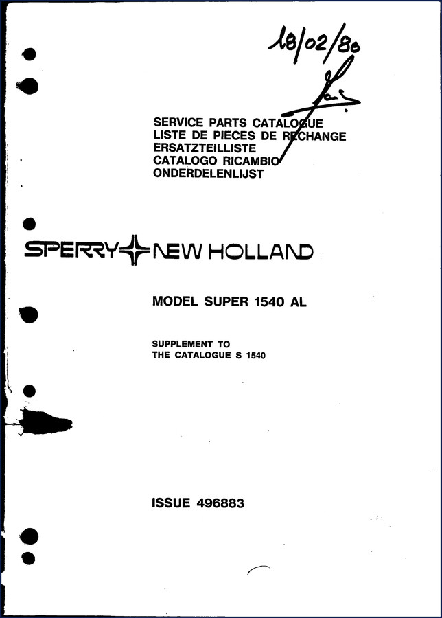 Sperry New Holland SUPER 1540 AL Parts Catalog cover showing tractor model and factory part numbers