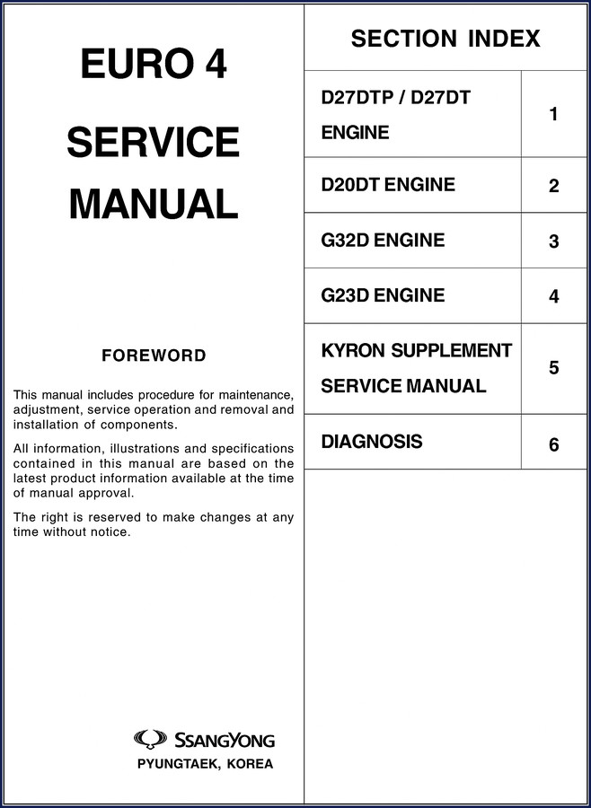 Ssangyong Kyron Service Manual – 442 pages OEM factory repair manual for D27DTP D20DT G32D G23D engines