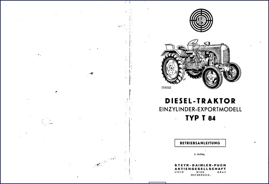 Steyr T 84 user manual cover showing diesel tractor front view