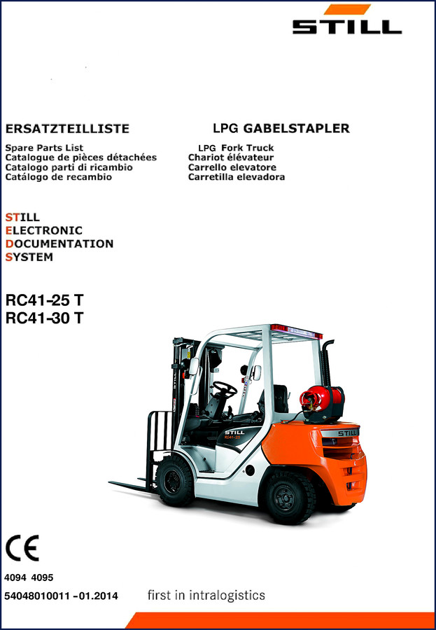 Still RC41-25 T RC41-30 T 2014 factory parts catalog cover page showing forklift diagram and Spare Parts List details