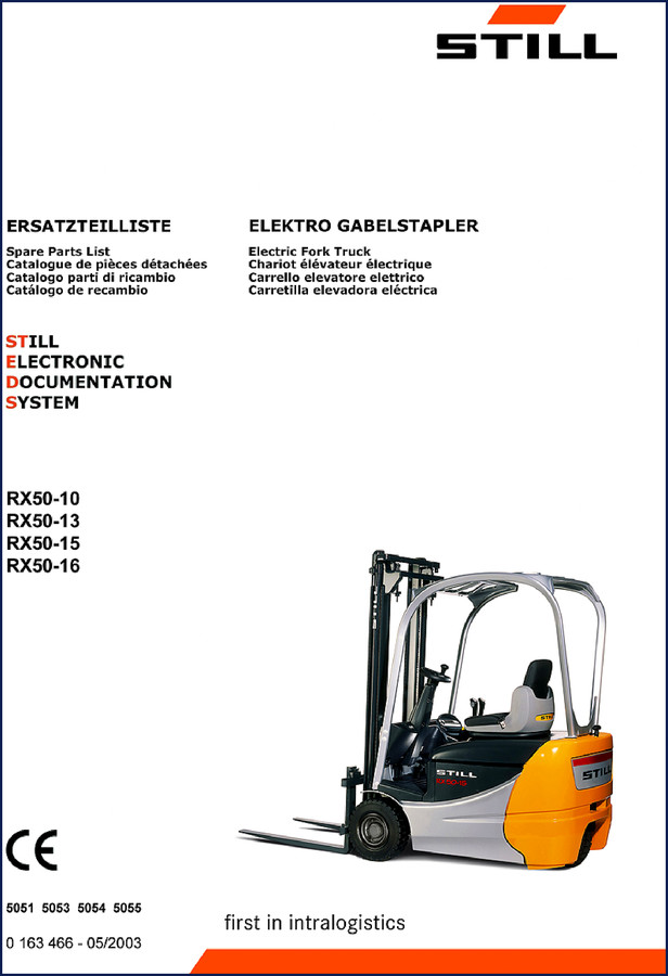 Still RX50 Electric Fork Truck 2003 Parts Catalog cover – OEM spare parts list for RX50-10 through RX50-16 models