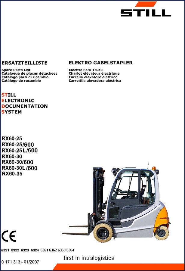 Still RX60-25 2007 Parts Catalog cover showing electric forklift model RX60-25