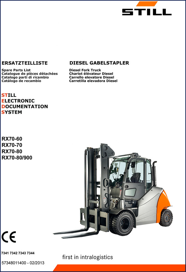 Still RX70-60, RX70-70, RX70-80 2013 Parts Catalog cover page showing forklift models and OEM documentation
