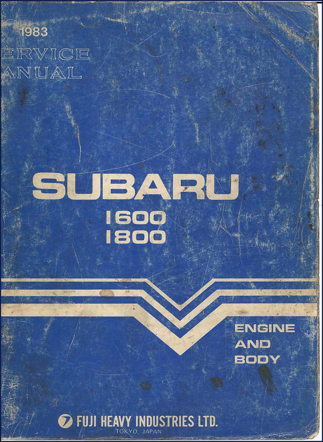 1983 Subaru 1600 and 1800 service manual cover showing engine and body text