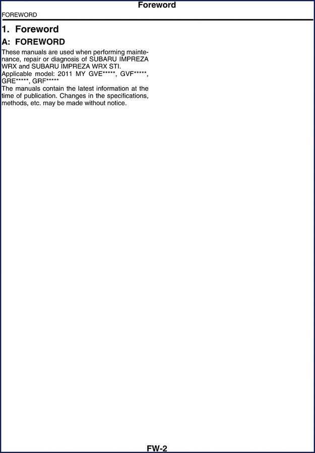 2011 Subaru Impreza WRX STI Service Manual cover showing engine bay and specs