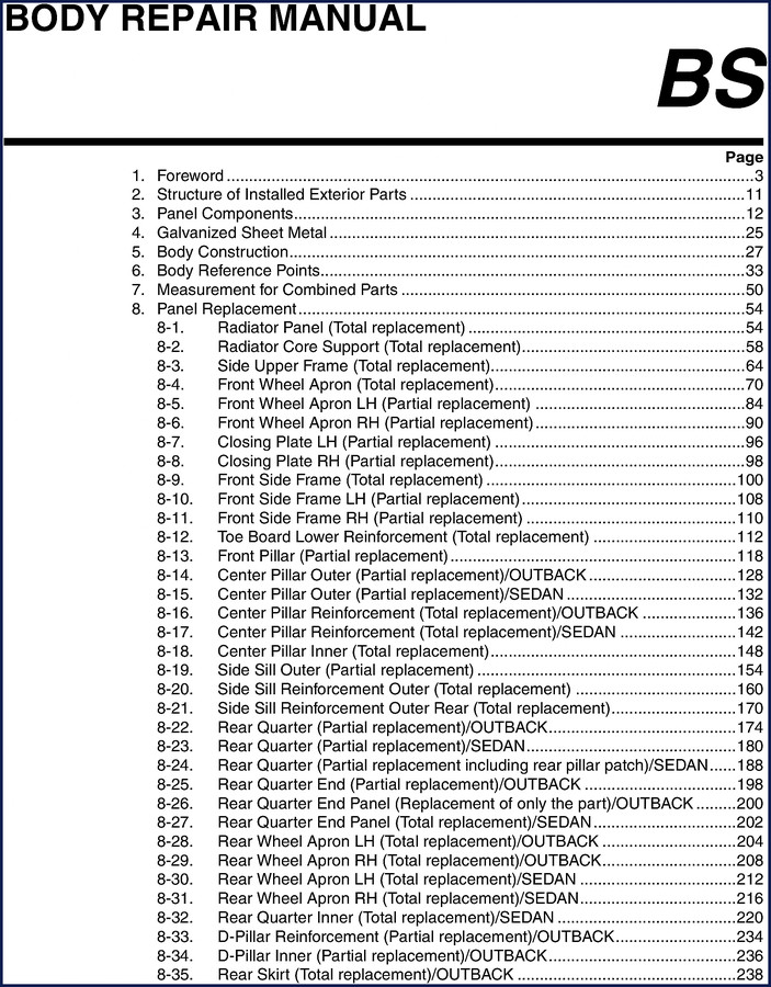 Subaru Outback Sedan body repair manual front cover – 266 pages OEM factory document