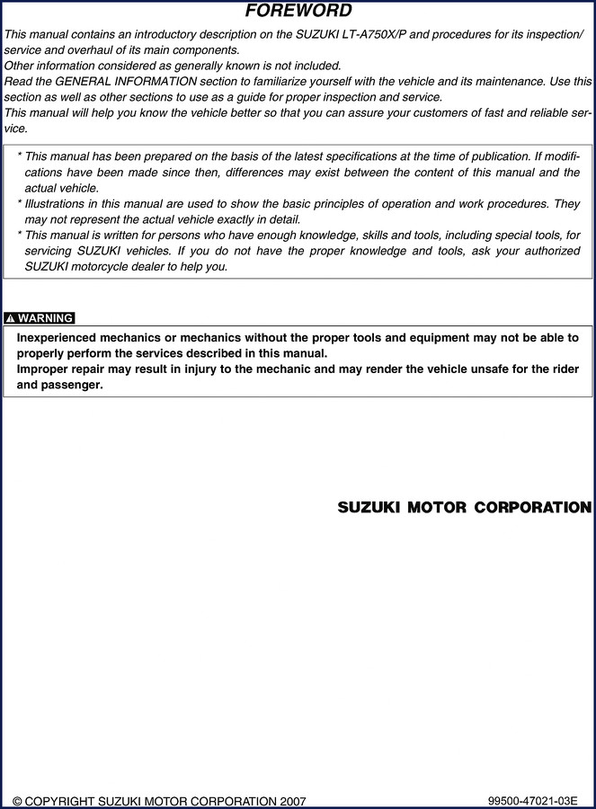 Suzuki LT-A750X LT-A750P 2007 Service Manual cover showing ATV diagram and Suzuki logo