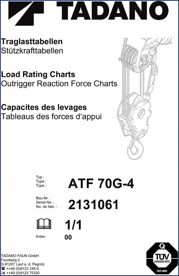 Tadano ATF 70G-4 Technical Manual cover showing crane serial number 2131061 and TÜV certification