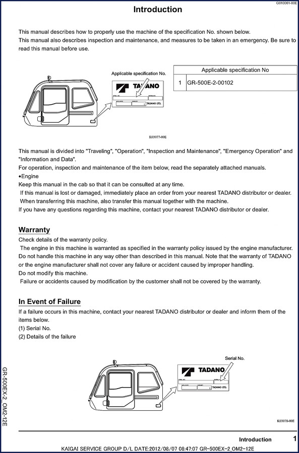 Tadano GR-500E-2 GR-500EX-2 2012 Operators Manual cover