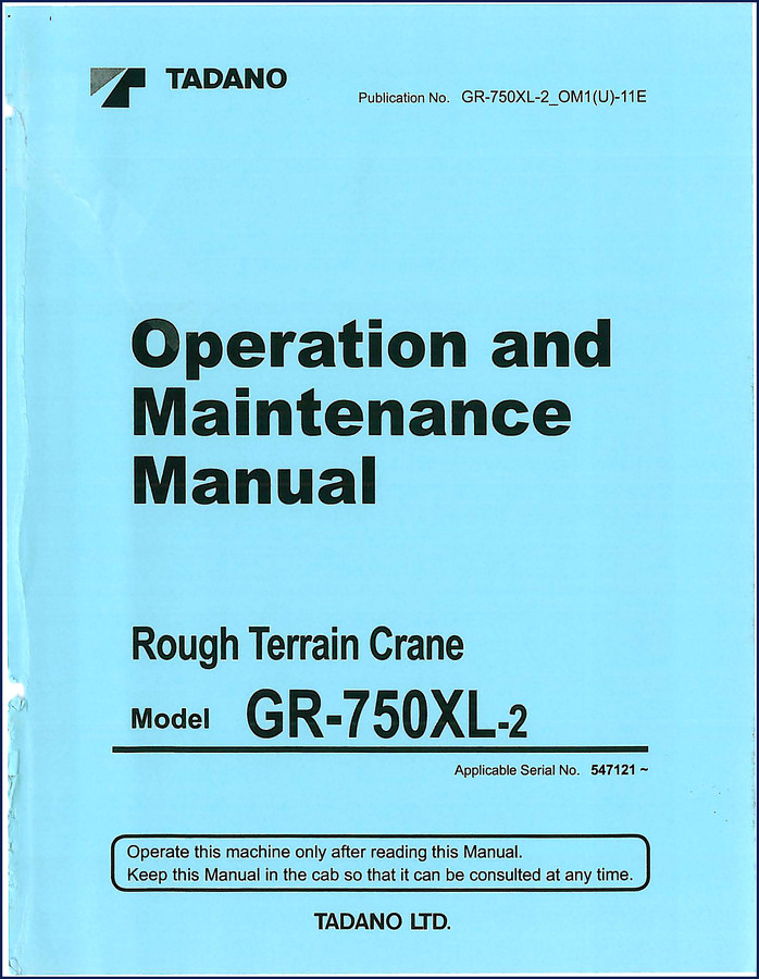 Tadano GR-750XL-2 Operators Manual cover – factory OEM document for rough terrain crane