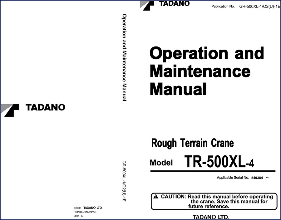 Tadano TR-500XL-4 2005 Operators Manual cover page showing rough terrain crane