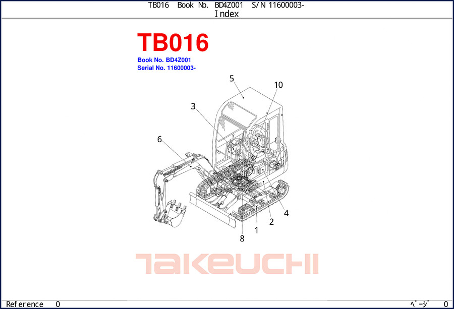 Takeuchi TB016 Parts Catalog OEM factory parts manual cover showing excavator