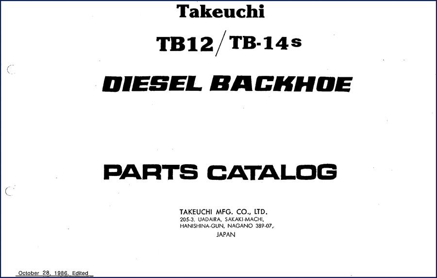 Takeuchi TB12 TB-14 1986 Parts Catalog cover showing diesel backhoe illustration