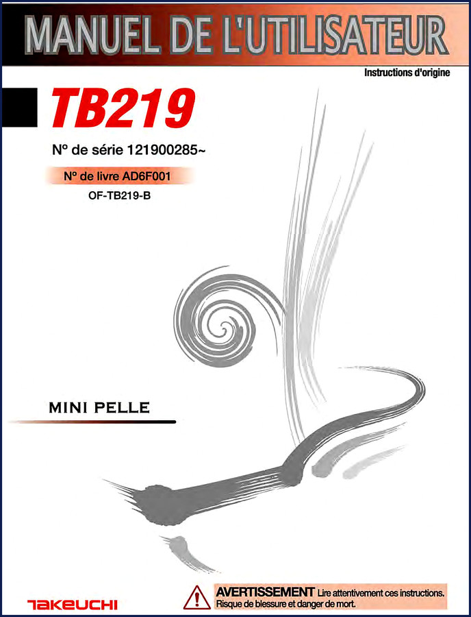 Takeuchi TB219 User Manual cover – OEM operator's guide for mini excavator