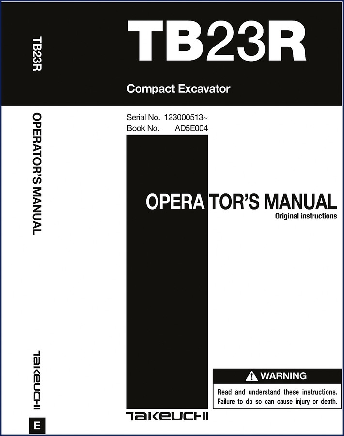 Takeuchi TB23R Workshop Manual cover page showing compact excavator model TB23R, factory OEM document