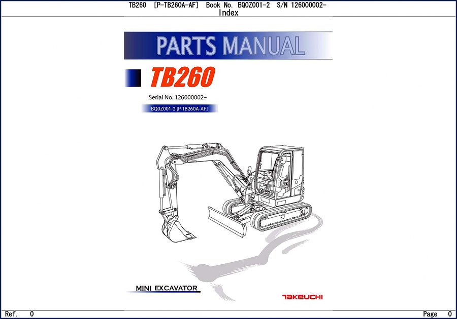 Takeuchi TB260 workshop manual cover showing mini excavator diagram and serial number range 126100001