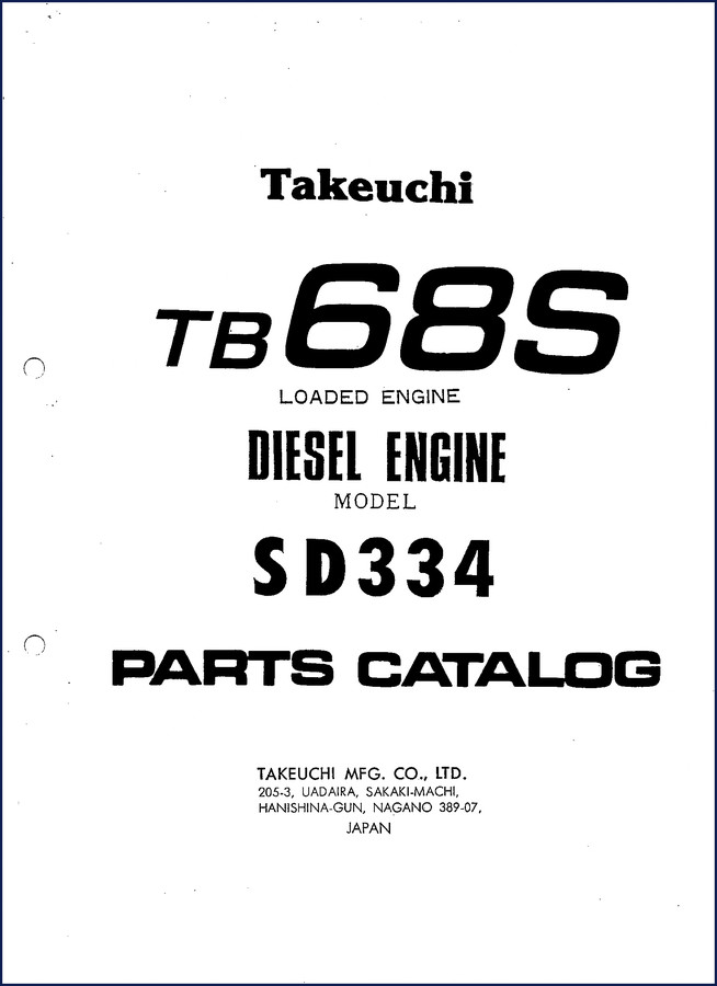 Takeuchi TB68S Parts Catalog cover – 96-page OEM factory manual for diesel engine SD334