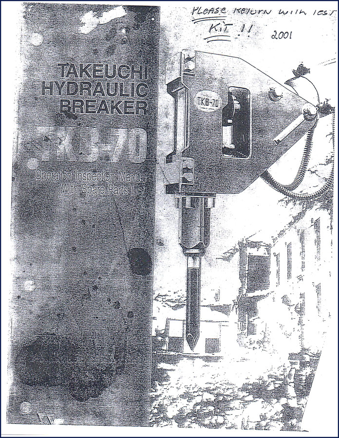 Takeuchi TKB-70 2001 Parts Catalog – 16-page factory parts list with section drawings and specification table
