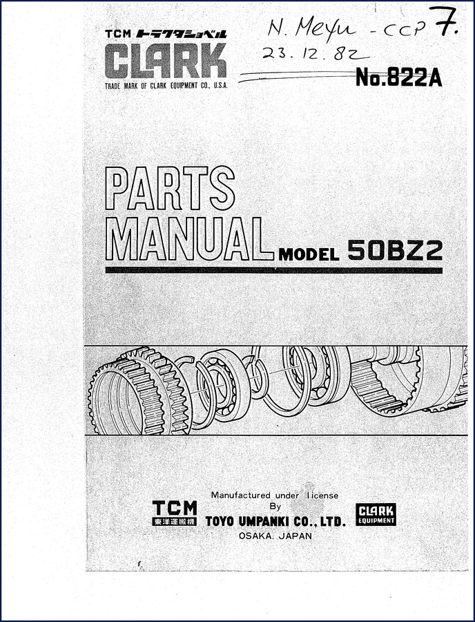 TCM 50BZ2 Parts Catalog cover page – 178-page factory manual for Clark tractor shovel