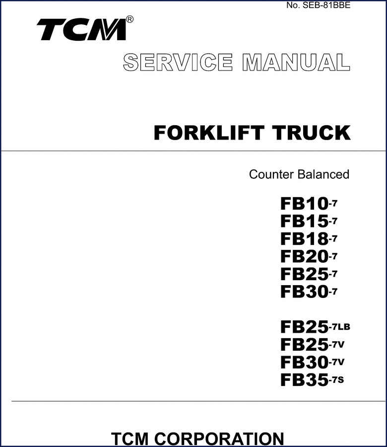 2008 TCM FB10-7 to FB30-7 OEM Service Manual cover showing forklift and manual title
