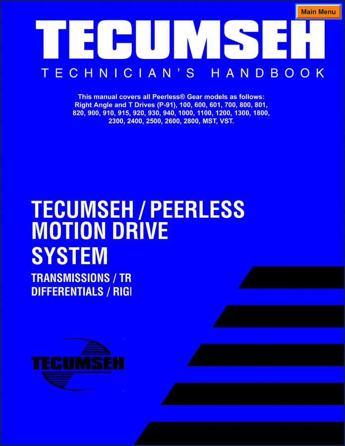 Tecumseh Peerless P-91 100 Series 600 Series 601 Series 700 Series service manual cover showing transmission cutaway illustration
