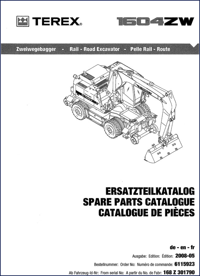 Terex 1604ZW 2008 Parts Catalog cover page - Factory OEM spare parts identification for rail-road excavator