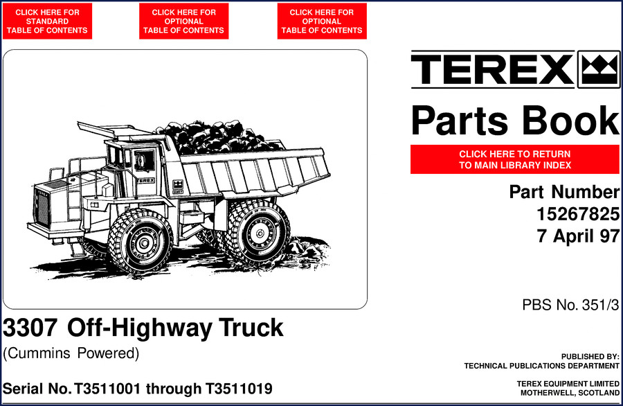 Terex 3307 Off-Highway Truck Parts Catalog cover page showing part number 15267825 and date 7 April 97