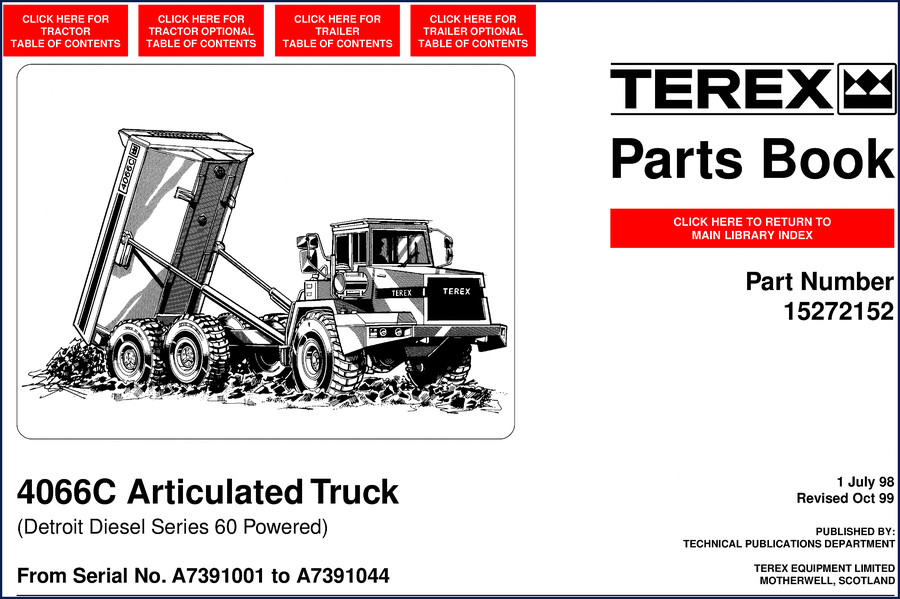 Terex 4066C 1999 Parts Catalog cover showing articulated truck and OEM manual details
