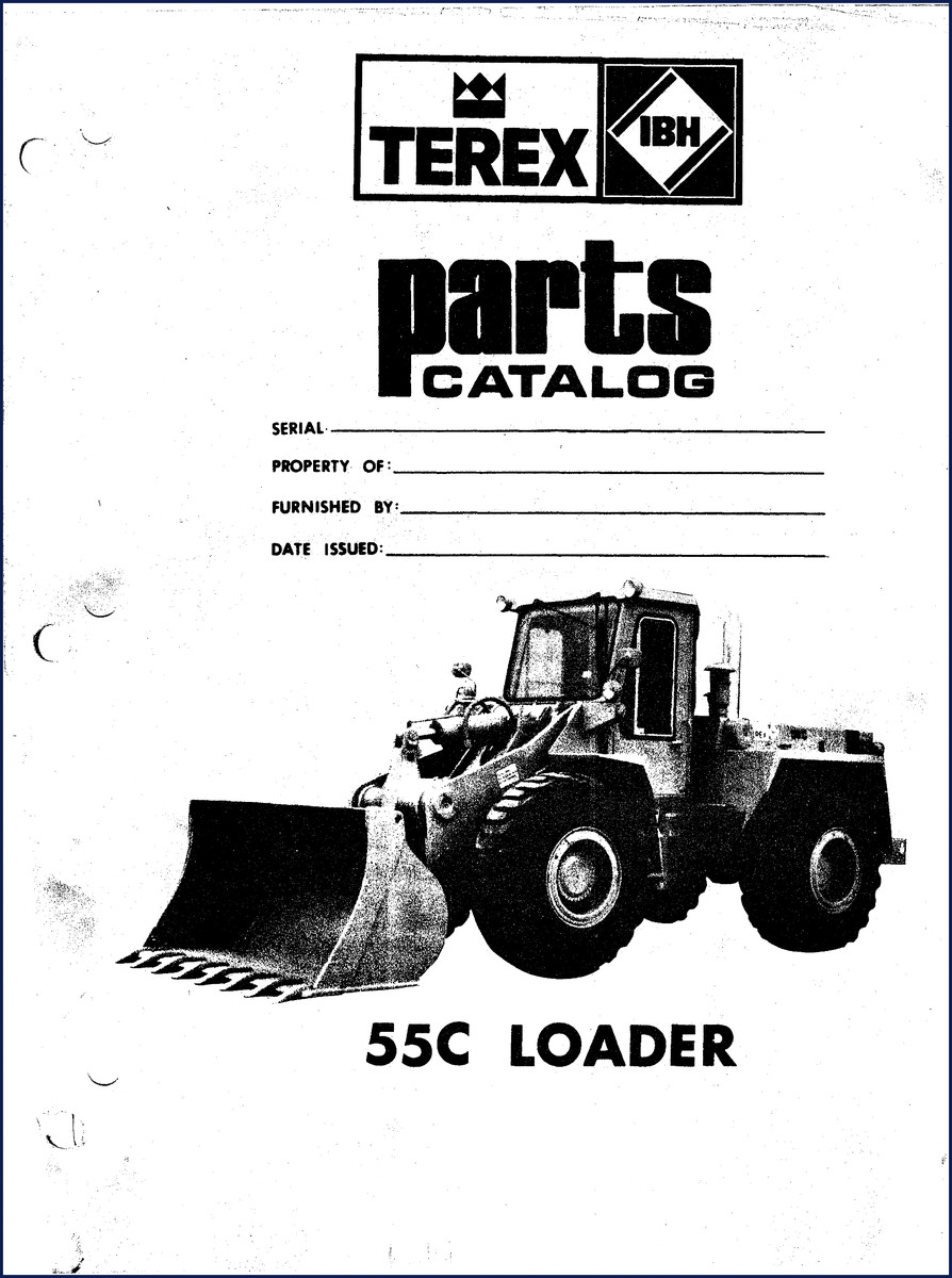 Terex 55C Loader parts catalog cover with serial number and property fields
