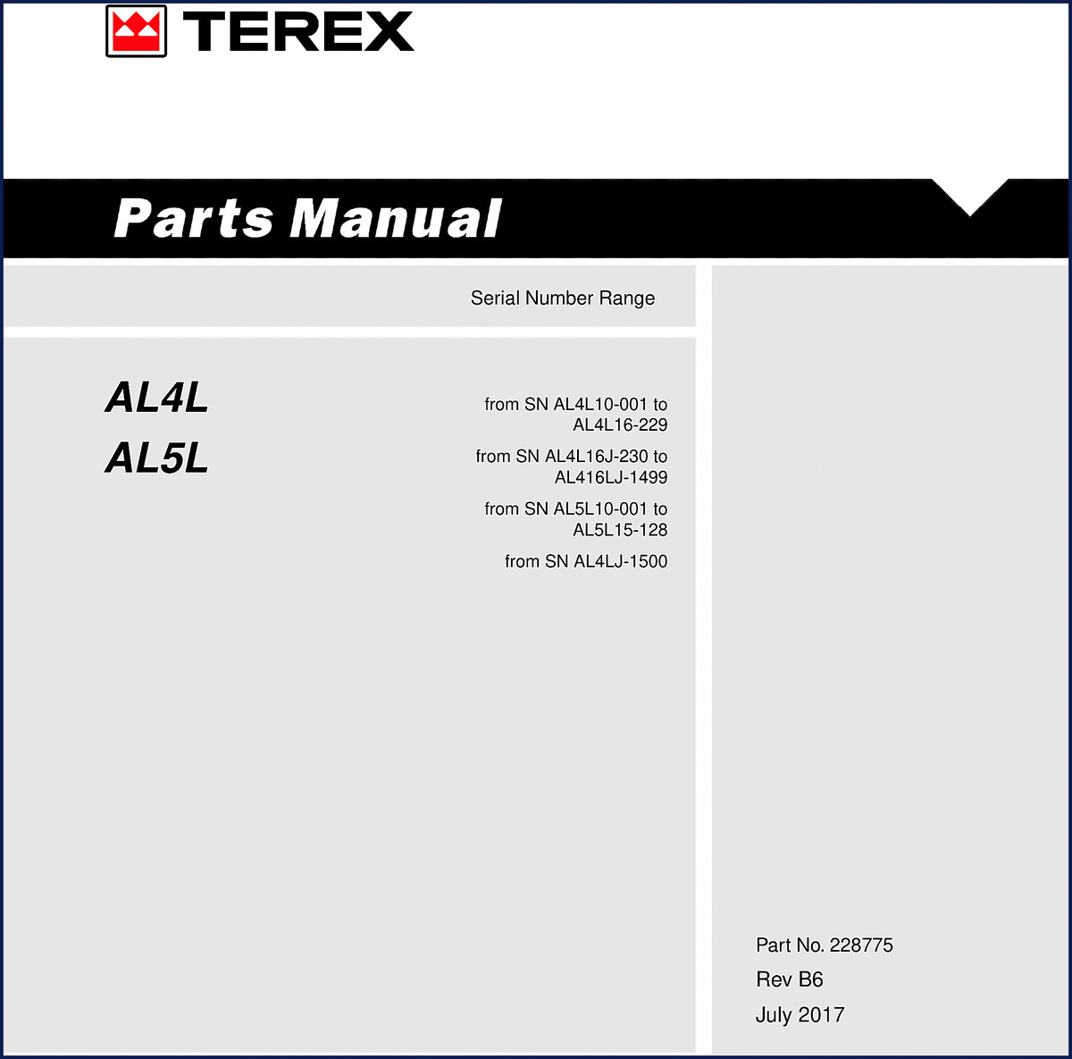 Terex AL4L AL5L 2017 Parts Catalog cover page showing model and serial number breakdown