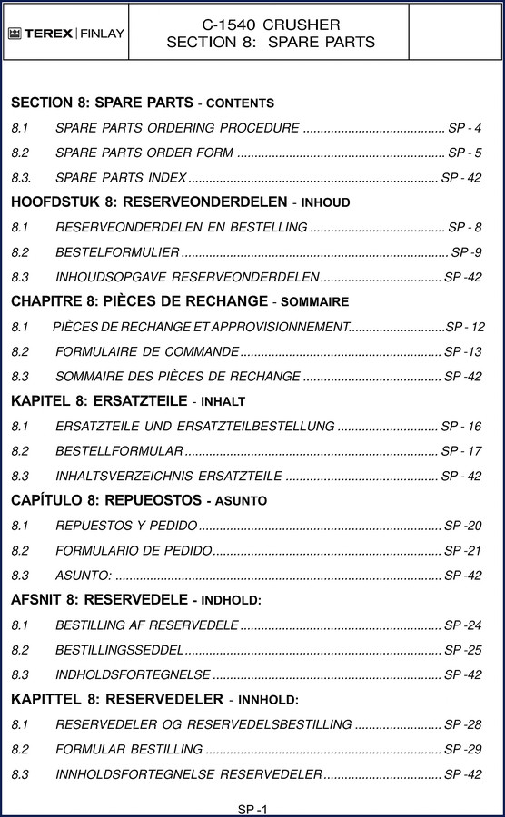 Terex Finlay C-1540 Parts Catalog - cover showing crusher and OEM logos, 182 pages factory document
