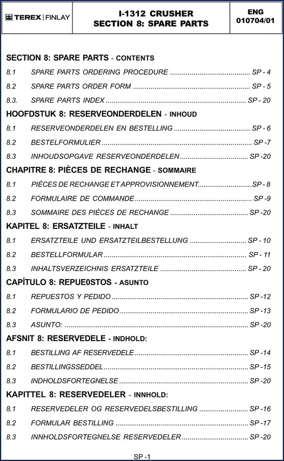 Terex Finlay I-1312 Parts Catalog cover - Factory OEM 230 pages document