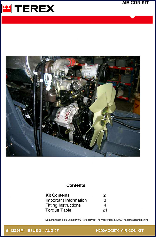 Terex H200ACC57C 2007 Installation Manual cover – OEM factory document for air conditioning kit