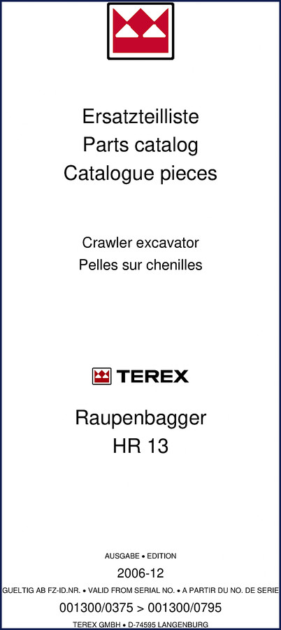 Terex HR 13 2006 Parts Catalog cover displaying crawler excavator
