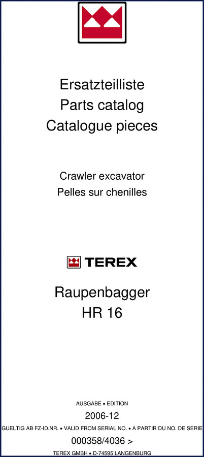 Terex HR 16 2006 Parts Catalog front cover - OEM factory parts manual 270 pages