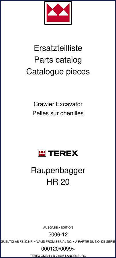 Terex HR 20 2006 Parts Catalog cover showing crawler excavator diagram and part number reference