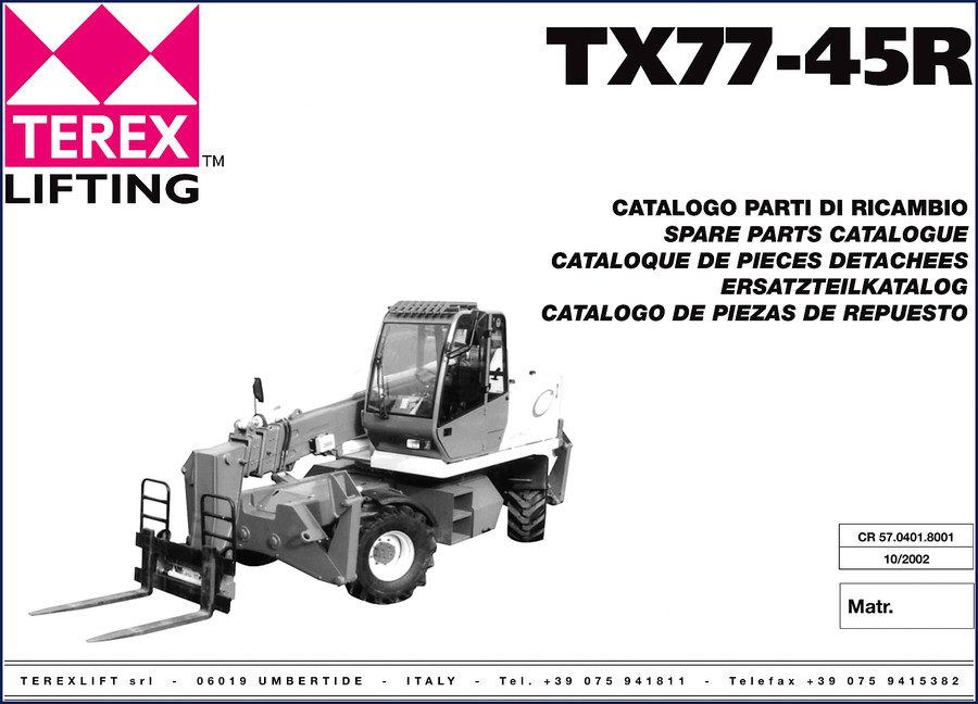 Terex Lifting TX77-45R 2002 spare parts catalog cover with exploded view of boom assembly