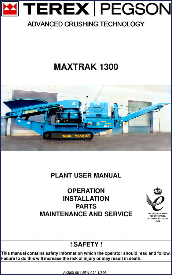 Terex Pegson Maxtrak 1300 2002 Operators Manual cover