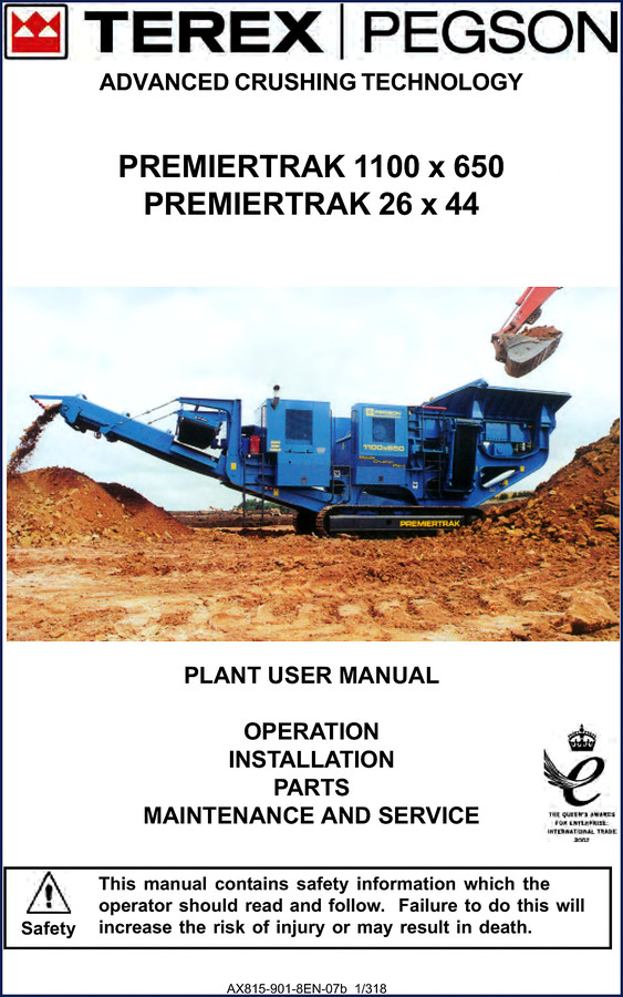 Terex Pegson Premiertrak 1100 x 650 and Premiertrak 26 x 44 User Manual cover – OEM factory document 318 pages