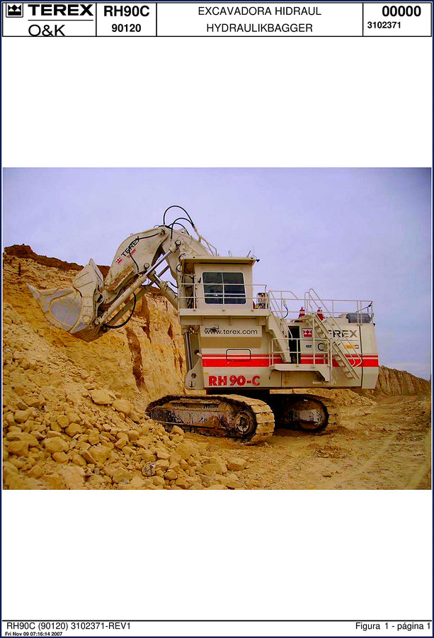 Terex RH90C 2007 Technical Manual cover showing excavator diagram and part numbers