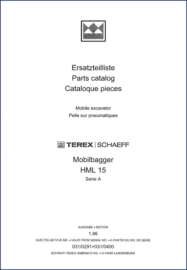 Terex Schaeff HML 15 Parts Catalog 238 pages - exploded diagrams and part numbers for mobile excavator