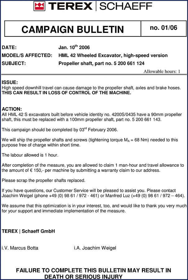 Terex Schaeff HML 42 2006 service manual cover showing excavator and campaign bulletin header