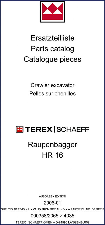 Terex Schaeff HR 16 2003 Parts Catalog cover image