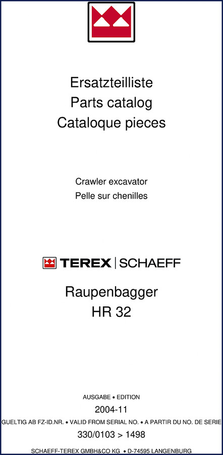 Terex Schaeff HR 32 2004 parts catalog cover showing crawler excavator