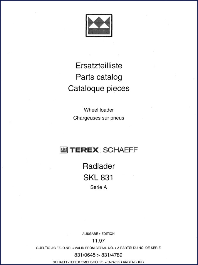 Terex Schaeff SKL 831 wheel loader 1997 Parts Catalog cover showing loader diagram and part number key